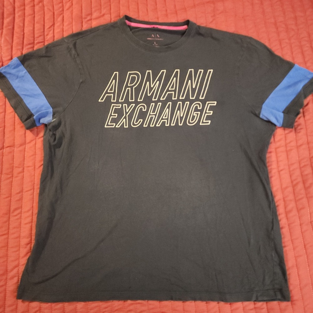 F2 Armani Exchange Mens Large Black Graphic T-Shirt Blue‎ Stripe Sleeve Logo Tee